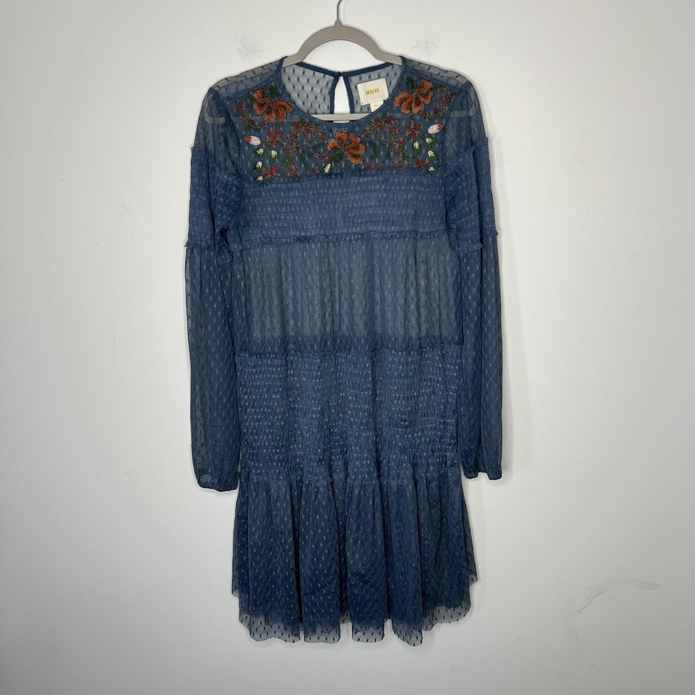 Maeve Dress Womens Small Blue Floral Embroidered Mesh Long Sleeve Swing Boho - Picture 5 of 9